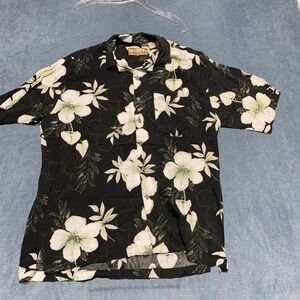 Caribbean Blues Hawaiian Shirt Men L Black Tropical Floral Aloha Summer Vacation